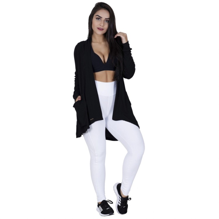 Cardigan Feminino Comprido Viscose Com Bolso Recortes Orbis