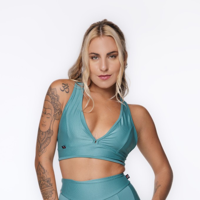 Top Fitness Feminino Tiras Costas Bojo Poliamida Brilho Laminado