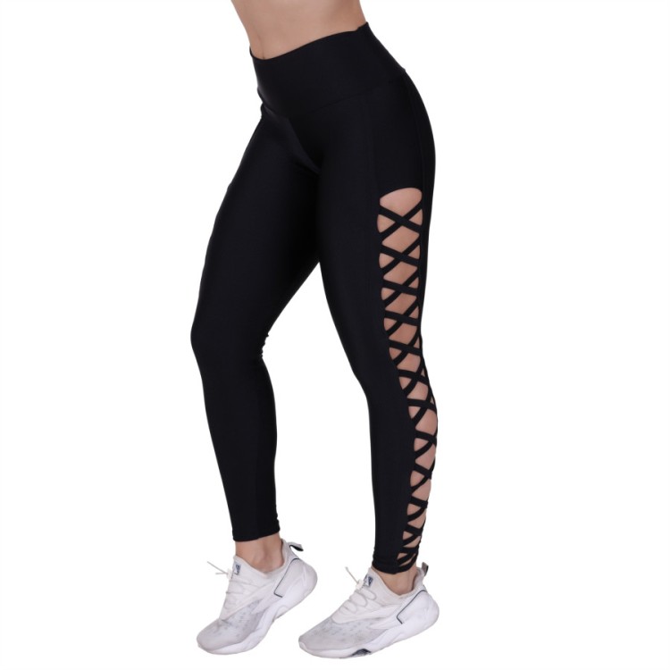 Calça Legging Fitness Feminina Tiras Lateral Cintura Alta Poliamida