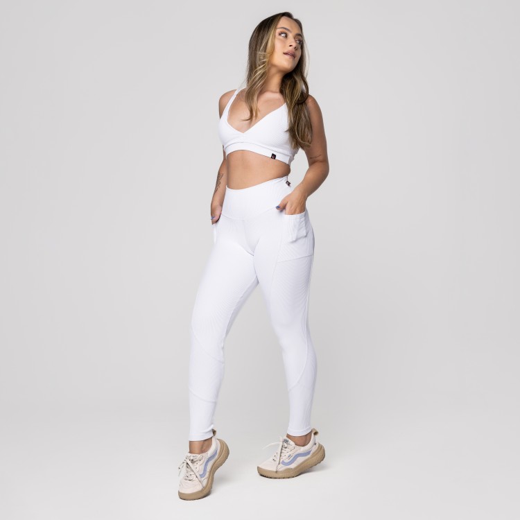 Conjunto Fitness Feminino Calça Legging e Top Bojo Textura Canelado
