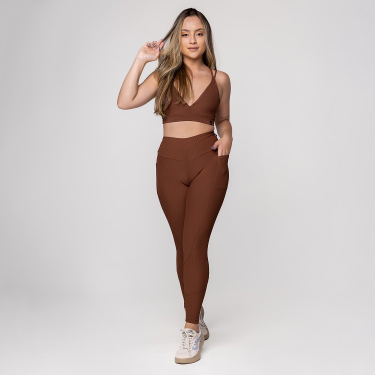 Conjunto Fitness Feminino Calça Legging e Top Bojo Textura Canelado