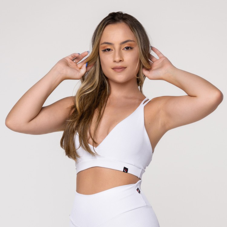 Top Fitness Feminino Bojo Textura Canelado Tiras Decote