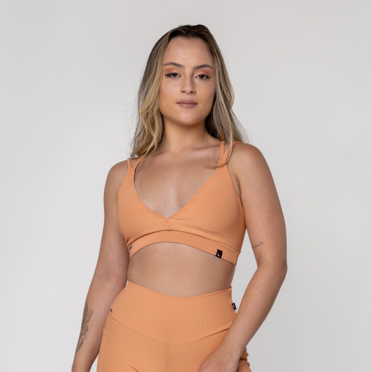 Top Fitness Feminino Bojo Textura Canelado Tiras Decote