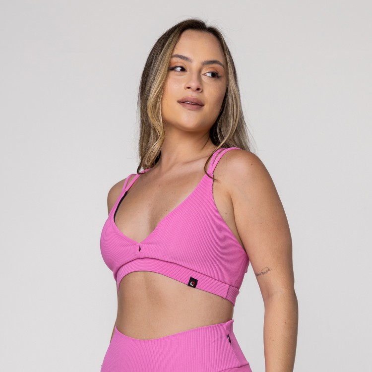 Top Fitness Feminino Bojo Textura Canelado Tiras Decote
