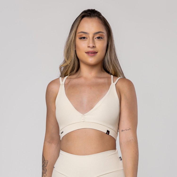 Top Fitness Feminino Bojo Textura Canelado Tiras Decote