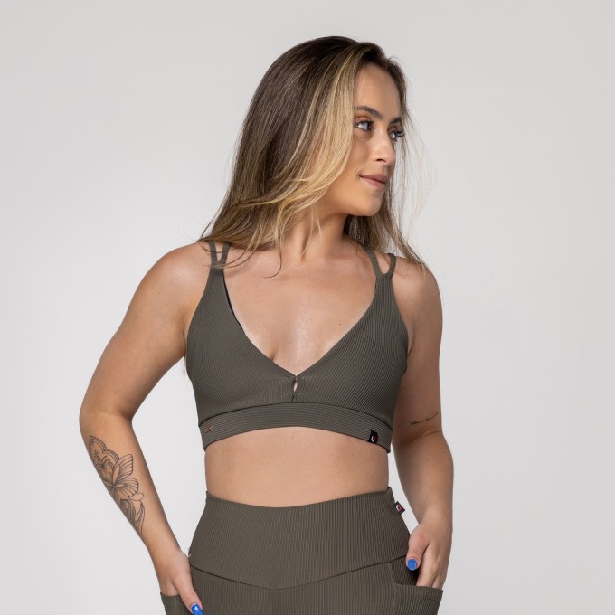 Top Fitness Feminino Bojo Textura Canelado Tiras Decote
