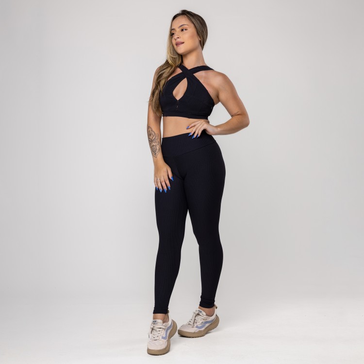 Conjunto Fitness Feminino Legging e Top 3 em 1 Textura Canelado