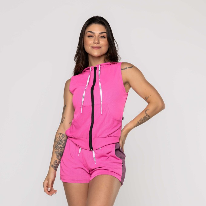 Colete Curto Feminino Zíper Capuz e Bolso Poliamida