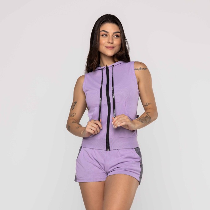 Colete Curto Feminino Zíper Capuz e Bolso Poliamida