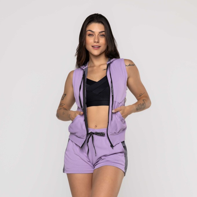 Colete Curto Feminino Zíper Capuz e Bolso Poliamida