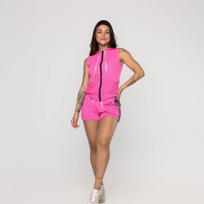 Conjunto Short Soltinho e Colete Feminino Zíper Bolsos Poliamida