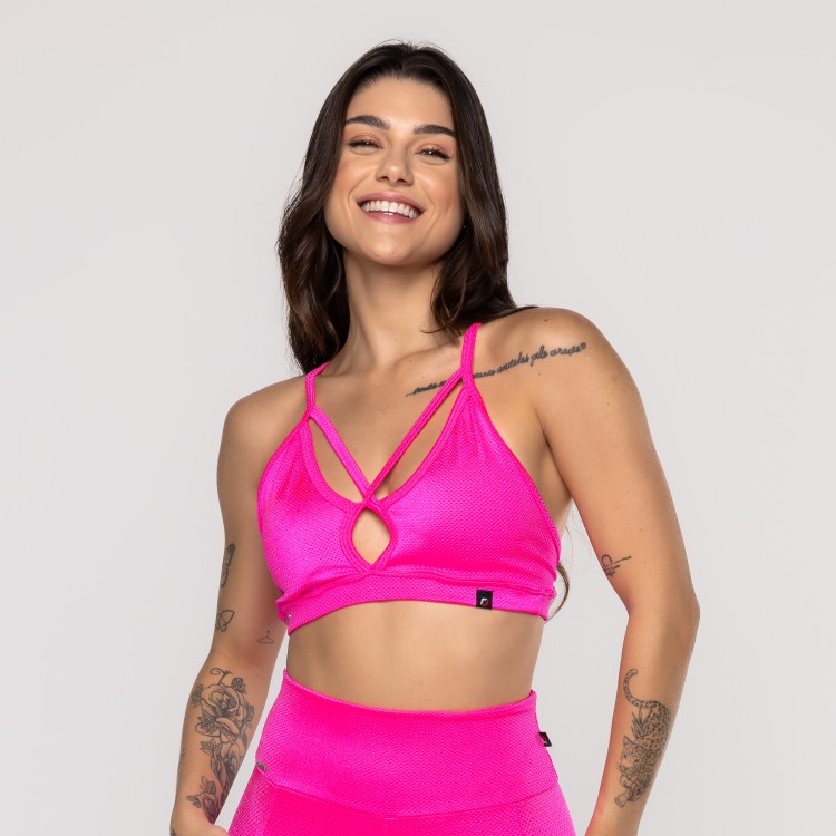 Top Fitness Feminino Tiras Bojo Removível Texturizado Poliamida
