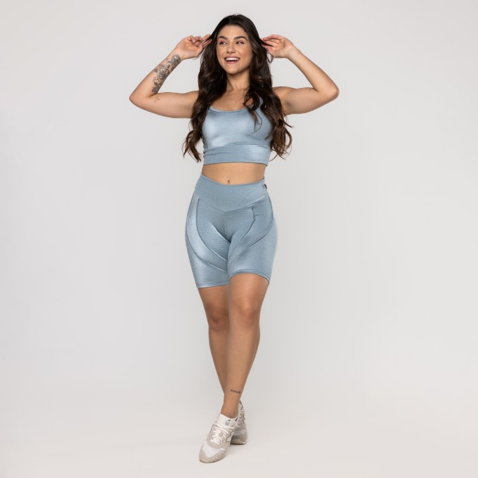Conjunto Fitness Feminino Bermuda Recortes e Top Bojo Poliamida