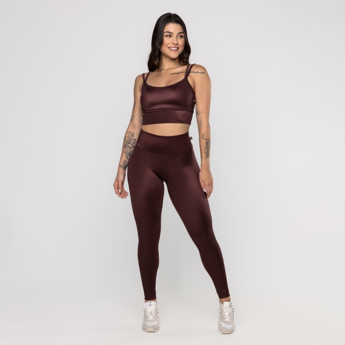 Conjunto Fitness Feminino Calça Legg e Top Bojo Textura Poliamida