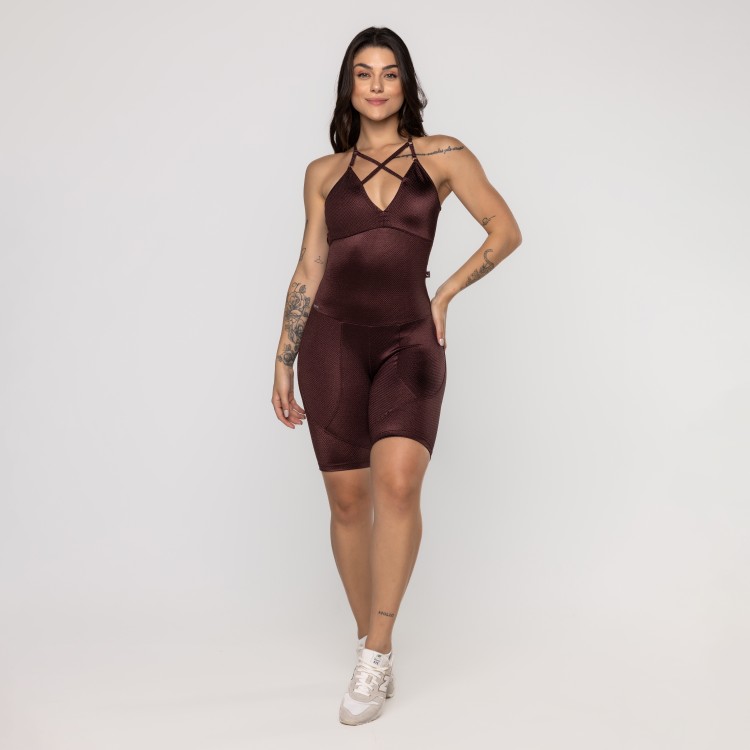 Macaquinho Fitness Feminino Bojo Decote Poliamida Texturizado