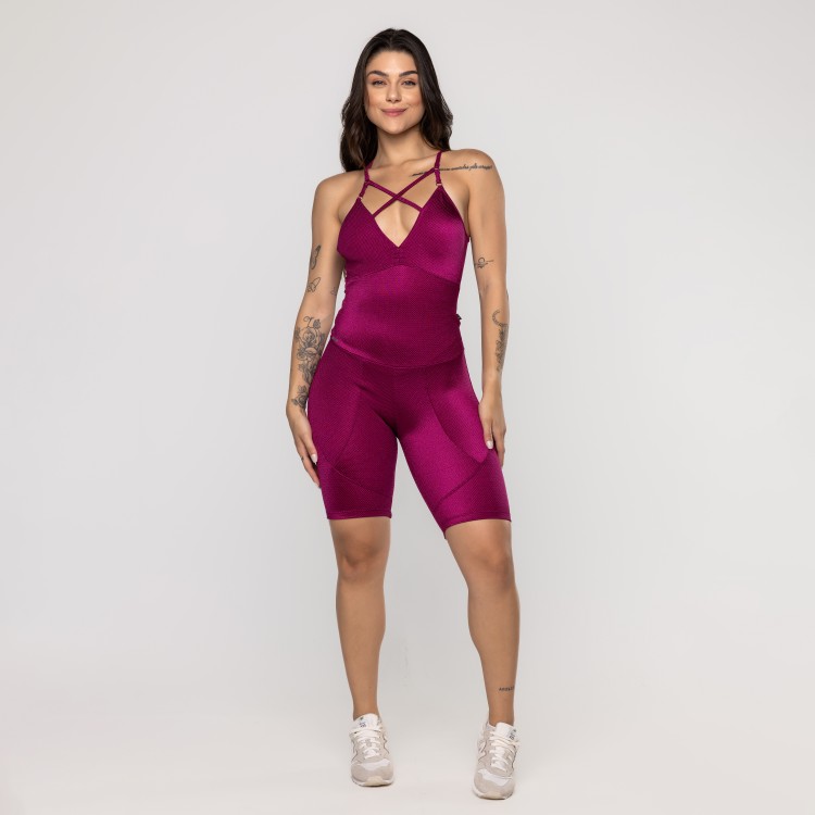 Macaquinho Fitness Feminino Bojo Decote Poliamida Texturizado