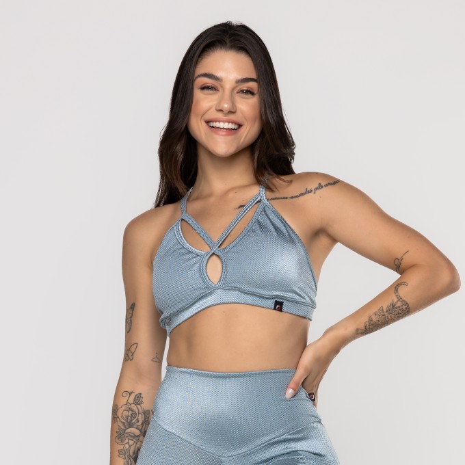 Top Fitness Feminino Tiras Bojo Removível Texturizado Poliamida