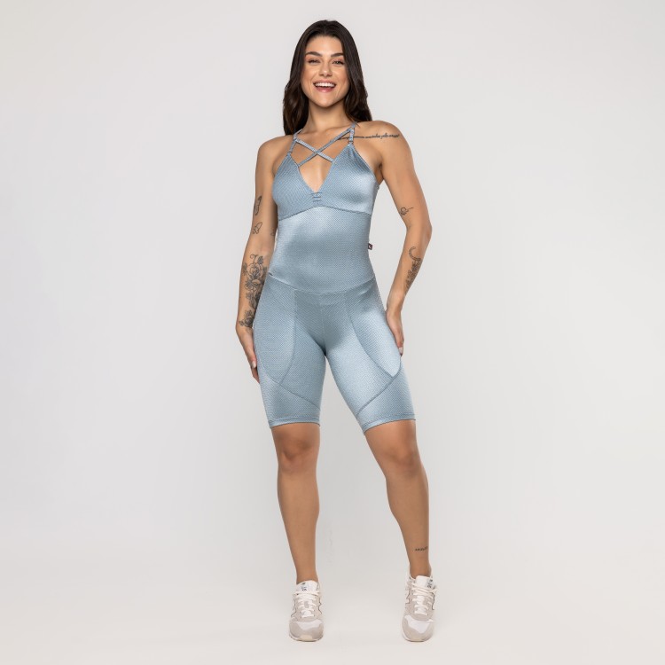 Macaquinho Fitness Feminino Bojo Decote Poliamida Texturizado