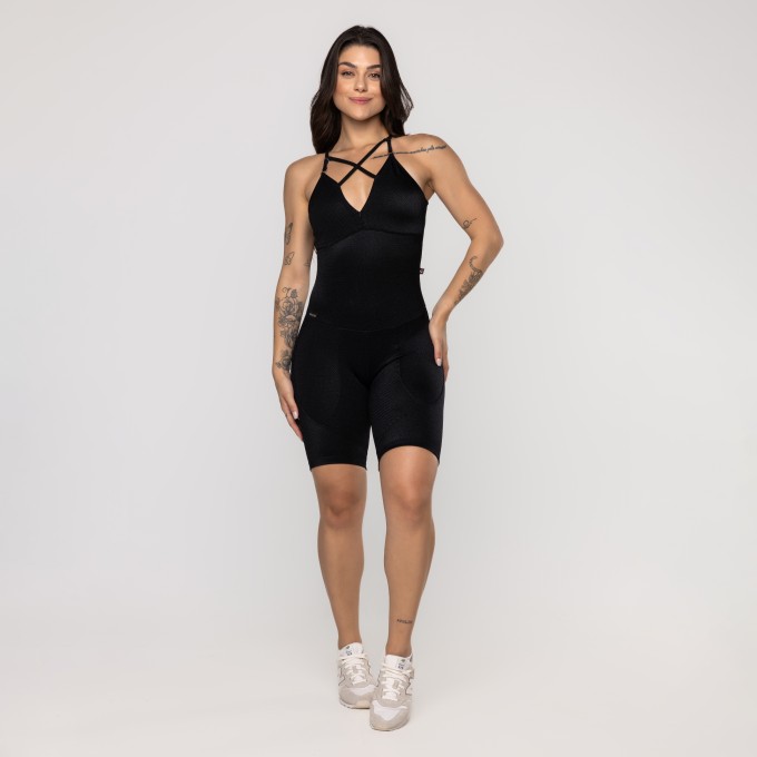 Macaquinho Fitness Feminino Bojo Decote Poliamida Texturizado