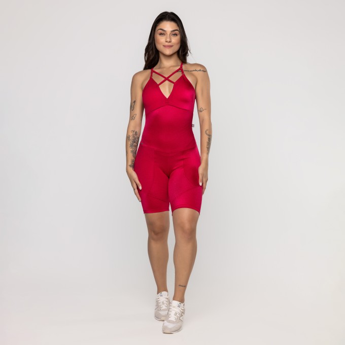 Macaquinho Fitness Feminino Bojo Decote Poliamida Texturizado