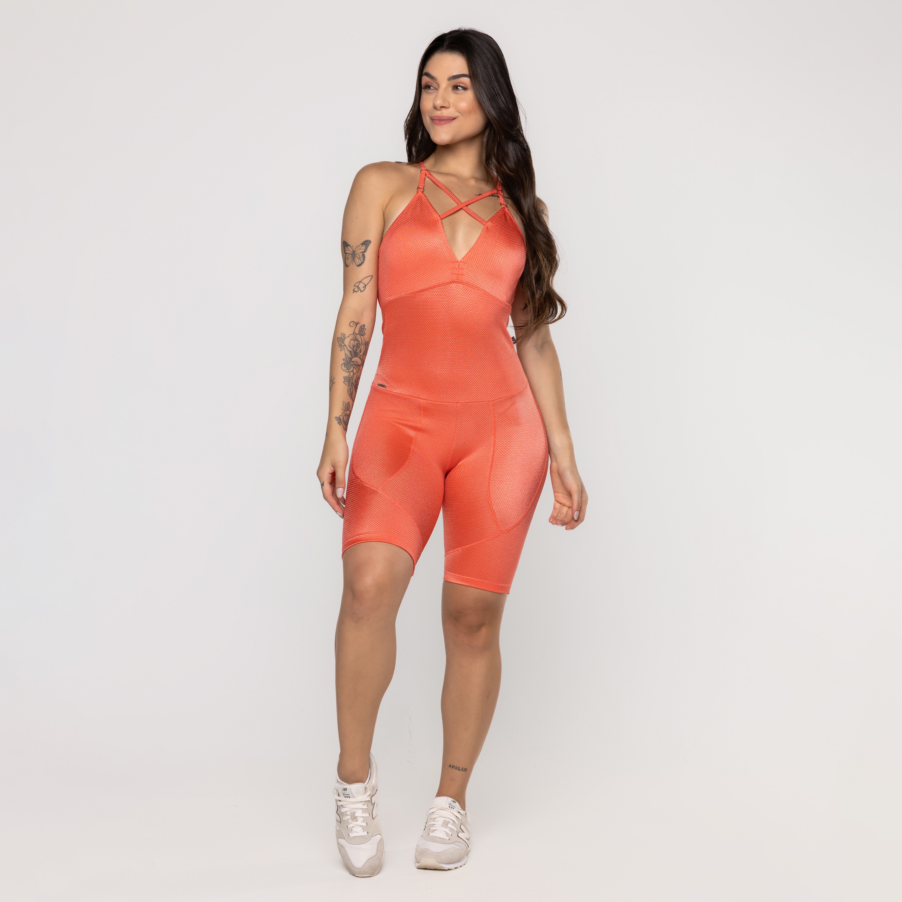 Macaquinho Fitness Feminino Bojo Decote Poliamida Texturizado