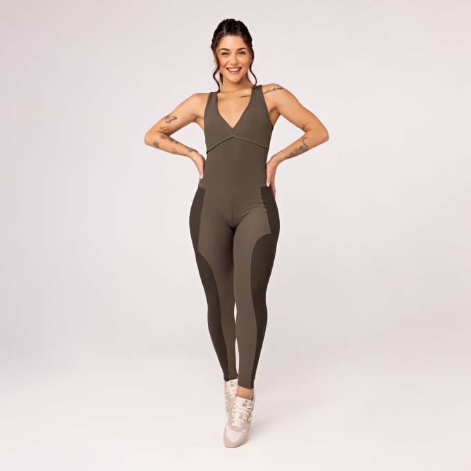 Macacão Fitness Feminino Longo Canelado Zero Transparência Bojo