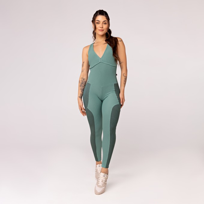 Macacão Fitness Feminino Longo Canelado Zero Transparência Bojo