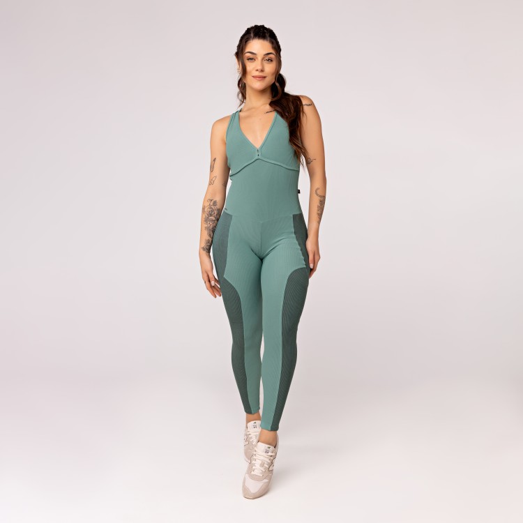 Macacão Fitness Feminino Longo Canelado Zero Transparência Bojo