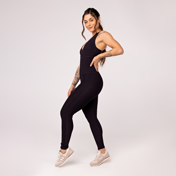 Macacão Fitness Feminino Longo Canelado Zero Transparência Bojo