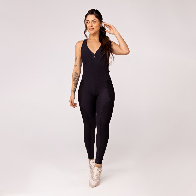 Macacão Fitness Feminino Longo Canelado Zero Transparência Bojo