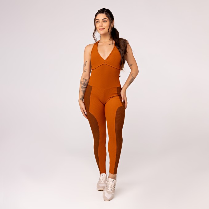 Macacão Fitness Feminino Longo Canelado Zero Transparência Bojo
