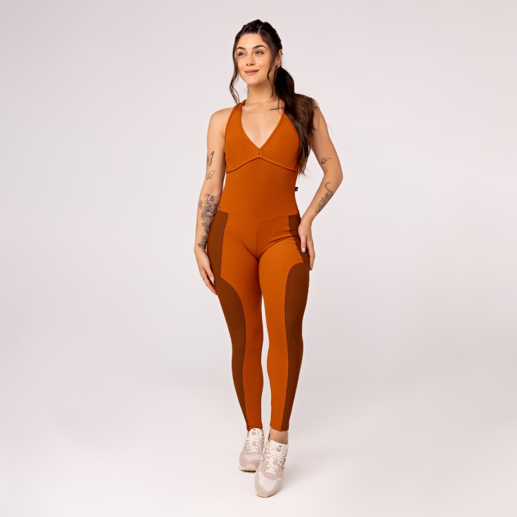 Macacão Fitness Feminino Longo Canelado Zero Transparência Bojo
