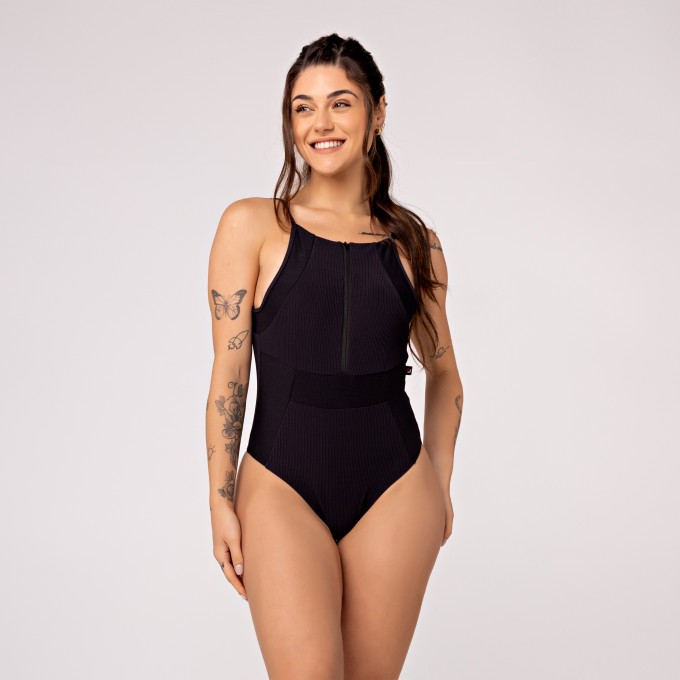 Body Fitness Feminino Canelado Bojo Zíper Frontal e Costas Cavada