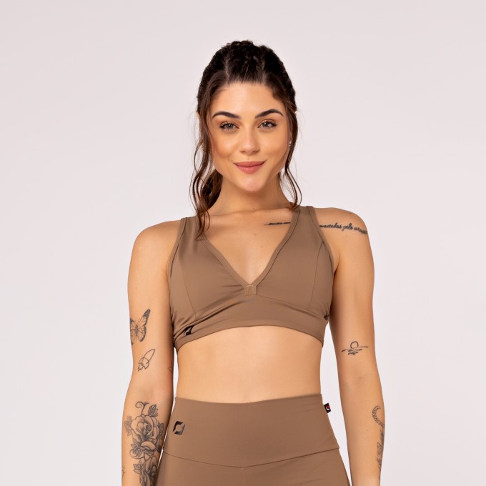 Top Fitness Feminino Decote V Costas Tiras Poliamida