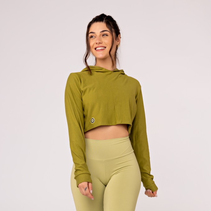 Cropped Feminino Curto de Moletinho com Capuz e Manga Longa