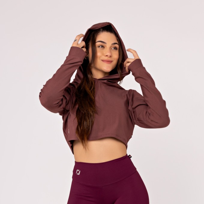Cropped Feminino Curto de Moletinho com Capuz e Manga Longa