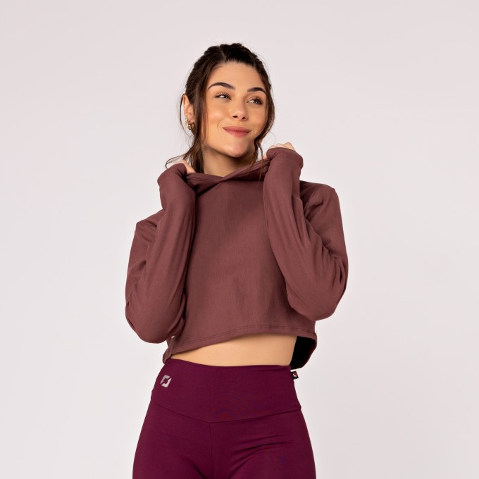 Cropped Feminino Curto de Moletinho com Capuz e Manga Longa
