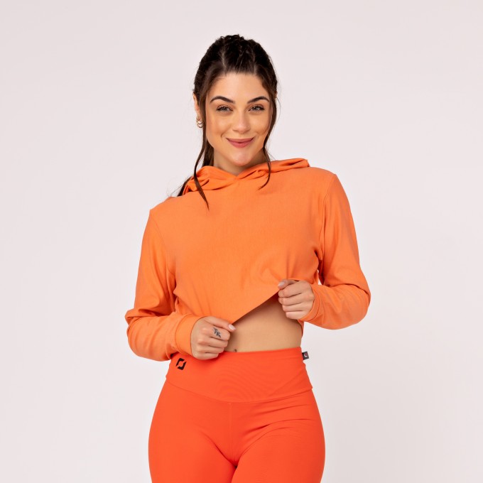 Cropped Feminino Curto de Moletinho com Capuz e Manga Longa