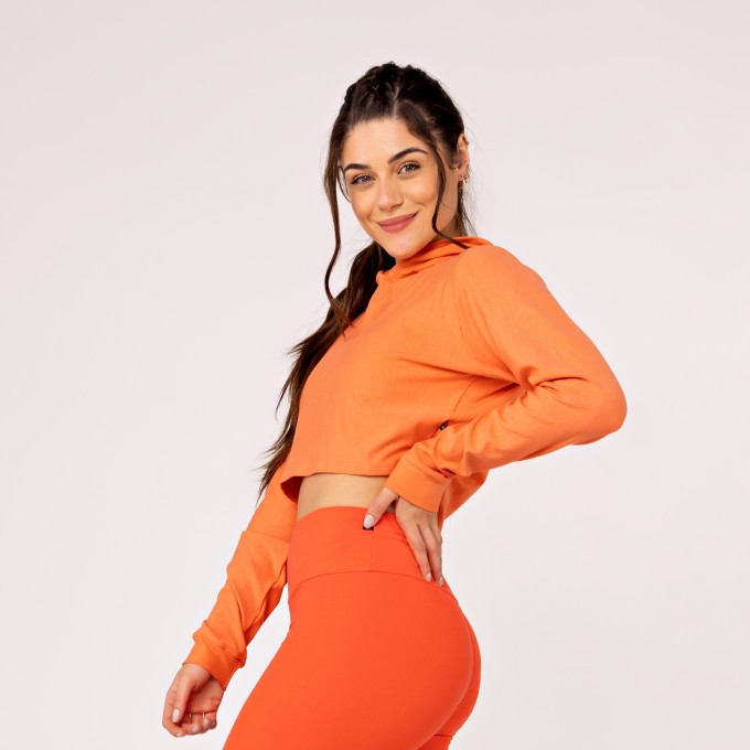 Cropped Feminino Curto de Moletinho com Capuz e Manga Longa