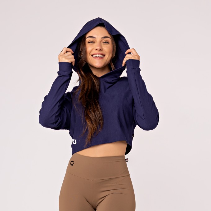 Cropped Feminino Curto de Moletinho com Capuz e Manga Longa