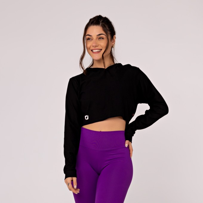 Cropped Feminino Curto de Moletinho com Capuz e Manga Longa