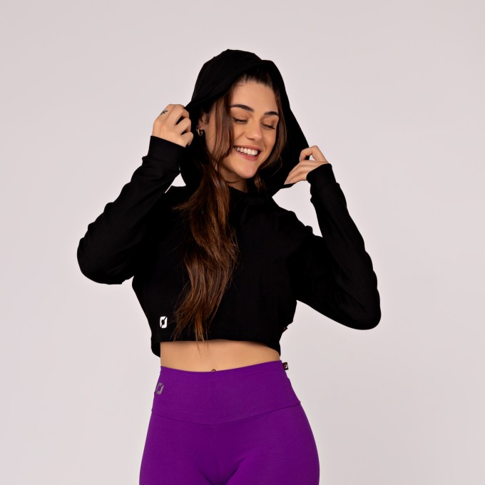 Cropped Feminino Curto de Moletinho com Capuz e Manga Longa