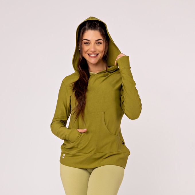 Blusa Manga Comprida Feminina Moletinho com Capuz e Bolso