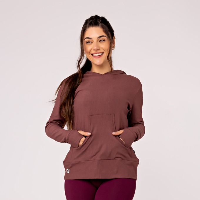 Blusa Manga Comprida Feminina Moletinho com Capuz e Bolso