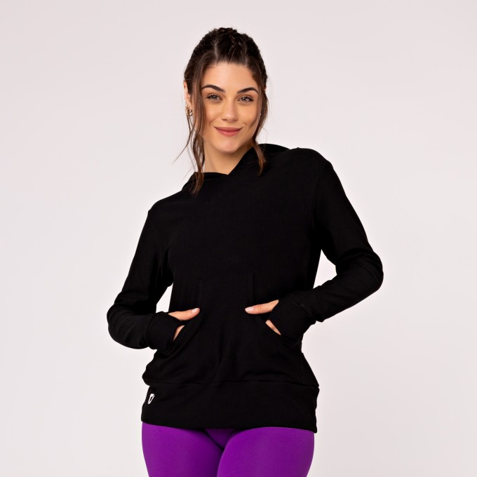 Blusa Manga Comprida Feminina Moletinho com Capuz e Bolso