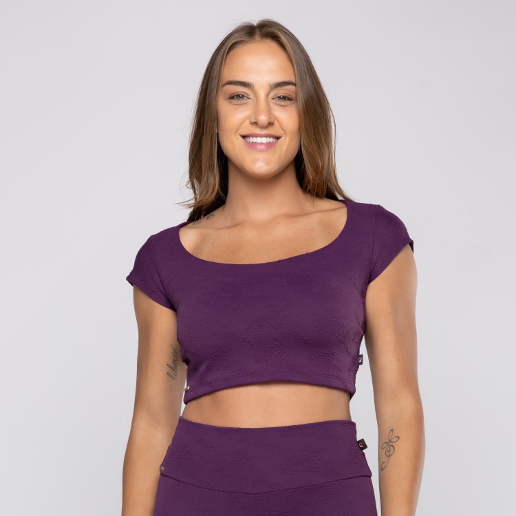Cropped Fitness Feminino Decote Princesa Tecido textura Bojo