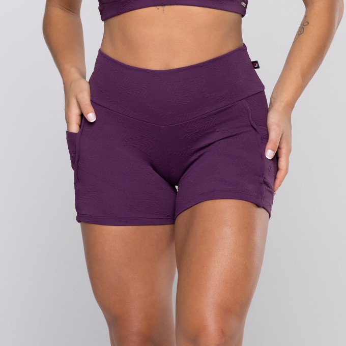 Short Fitness Feminina Poliamida Textura Recortes Bolso