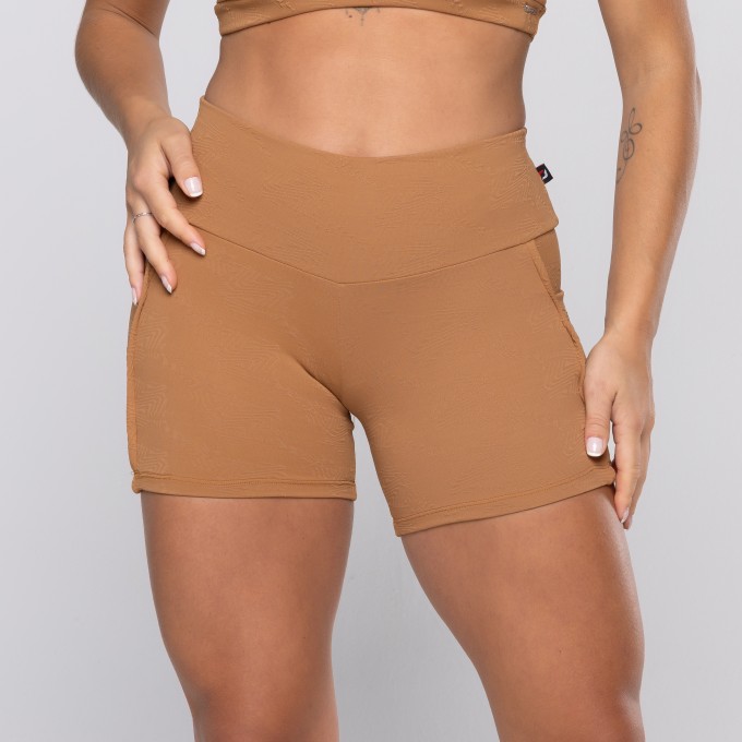 Short Fitness Feminina Poliamida Textura Recortes Bolso