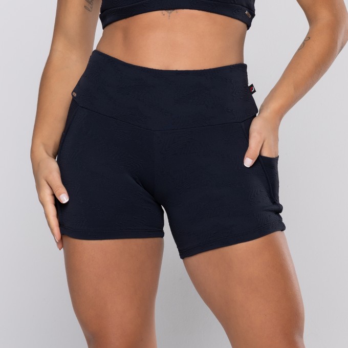 Short Fitness Feminina Poliamida Textura Recortes Bolso
