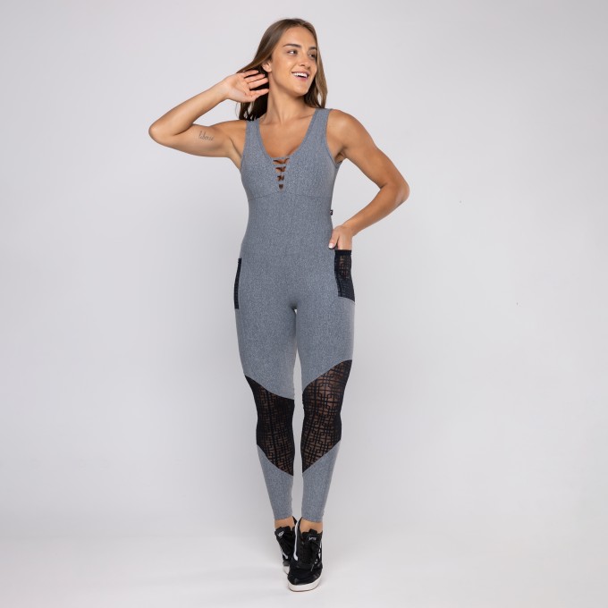 Macacão Fitness Longo Poliamida Bolso Para Celular Detalhe Tela